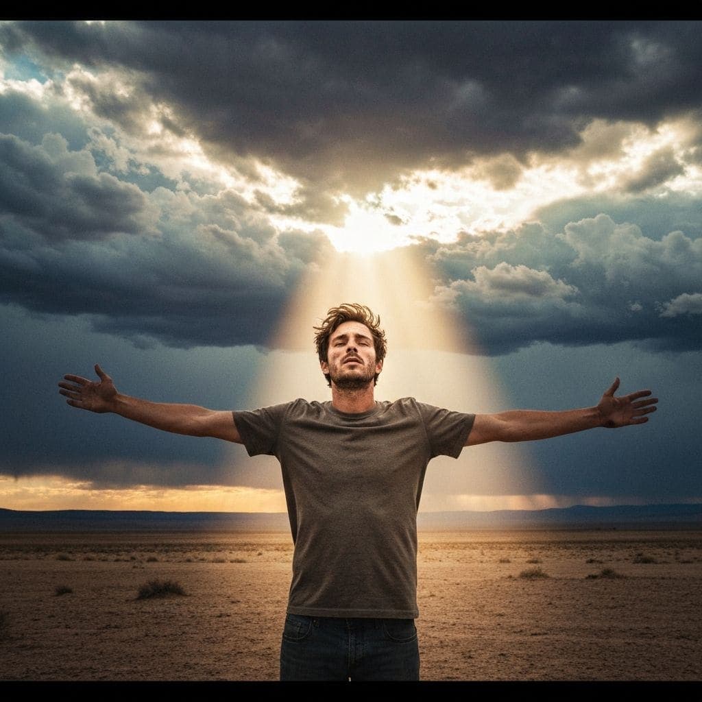 A person standing in a shaft of golden light