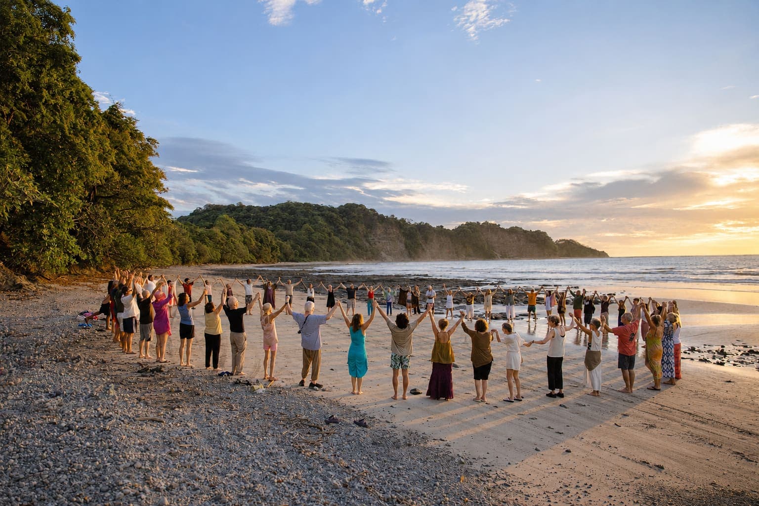 Community holding hands in a line along the beach at sunrise in Costa Rica
