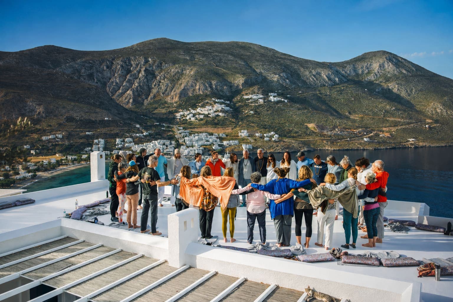 Group embracing in a circle on a rooftop terrace overlooking a coastal island village